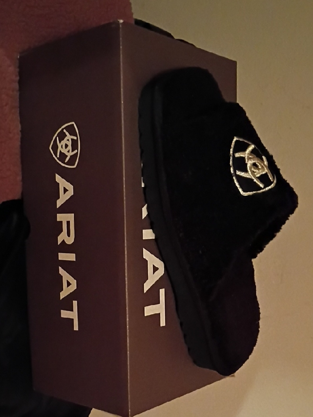 Ariat Black Plush Slide with Gold Logo